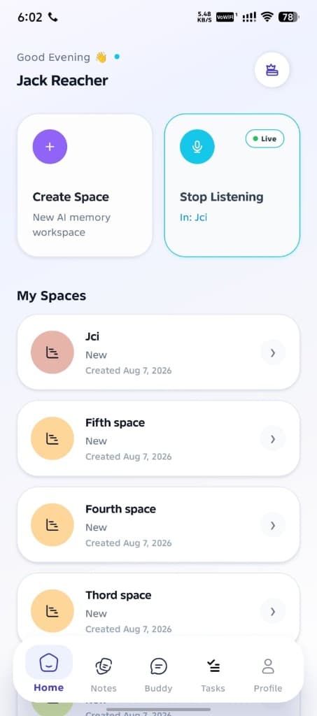 Buddy home screen showing spaces and listening
